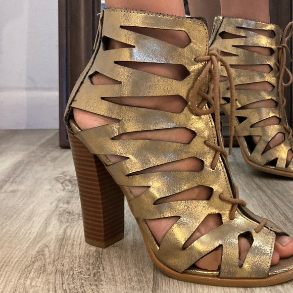 Call It Spring Gold Metallic Bootie Lace Up Block High Heels Zip Up Chunky | 7.5 - Picture 2 of 15